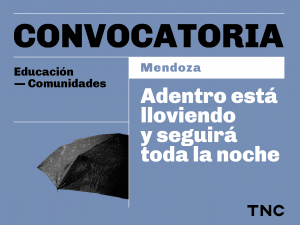 En el margen superior se lee Convocatoria. Debajo, se informa: Mendoza. Taller de formación. Adentro está lloviendo y seguirá toda la noche. De fondo, se distinguen dos siluetas humanas grises y borrosas, como si fueran radiografías en movimiento. En el ángulo inferior derecho, aparecen las letras TNC de Teatro Nacional Cervantes.