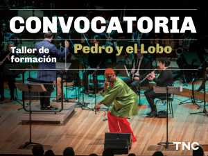 En el margen superior se lee: Convocatoria. Taller de formación Pedro y el lobo. En primer plano, un actor con túnica verde, pantalones rojos, lentes y gorra naranja está inclinado hacia adelante moviendo los brazos. Detrás, de espaldas a él, el director de una banda observa a músicos que tocan instrumentos de viento. En el ángulo inferior derecho están las letras TNC del Teatro Nacional Cervantes.