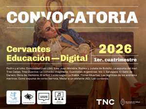 Convocatoria Cervantes Educación Digital.  Primer cuatrimestre 2026. Un hombre está recostado en un asiento de madera. En el ambiente y en su vestuario predomina el color marrón. Él está caracterizado como un virrey: tiene puesta una chaqueta con puntillas, pantalones hasta las rodillas, zapatos rojos y su rostro está maquillado con tonos intensos.  Debajo se leen los nombres de todas las obras ofrecidas en el catálogo. Sobre el margen inferior aparecen los pictogramas de Lengua de Señas Argentina, Audiodescripción, Subtítulos y Música, conciertos. En el extremo derecho se destacan las letras TNC de Teatro Nacional Cervantes y el escudo de la Secretaría de Cultura de Presidencia de la Nación.